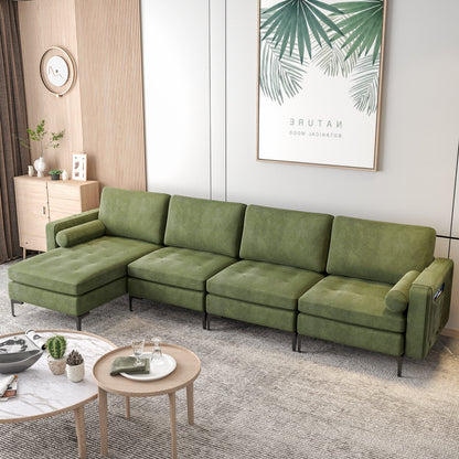 4 Seat L-Shaped Sectional with Reversible Chaise, Storage and USB Ports - Army Green