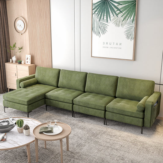 4 Seat L-Shaped Sectional with Reversible Chaise, Storage and USB Ports - Army Green