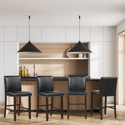 Set of 2 Upholstered Counter Height Bar Stools with Backrest and Footrest in Black