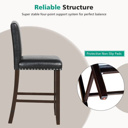 Set of 2 Upholstered Counter Height Bar Stools with Backrest and Footrest in Black