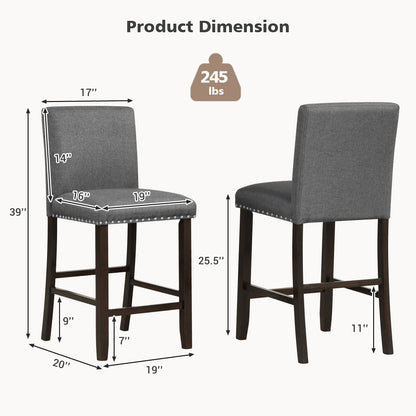 Set of 2 Upholstered Counter Height Bar Stools with Backrest and Footrest in Grey
