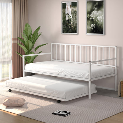 Metal Twin Daybed with Pull Out Trundle Frame Set for Guest Room or Small Spaces White