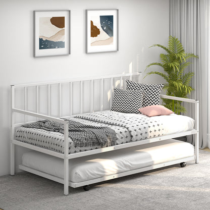 Metal Twin Daybed with Pull Out Trundle Frame Set for Guest Room or Small Spaces White