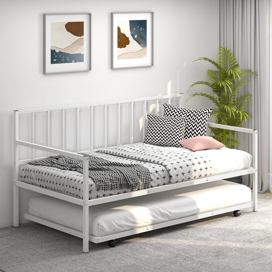Metal Twin Daybed with Pull Out Trundle Frame Set for Guest Room or Small Spaces White