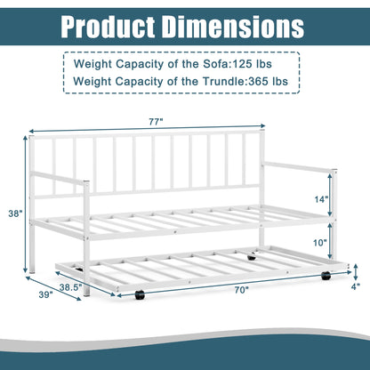 Metal Twin Daybed with Pull Out Trundle Frame Set for Guest Room or Small Spaces White