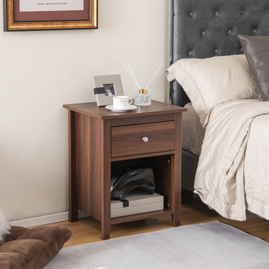 Wooden Nightstand with Slide-out Drawer and Open Shelf for Bedroom or Living Room - Walnut