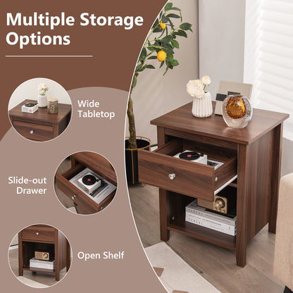 Wooden Nightstand with Slide-out Drawer and Open Shelf for Bedroom or Living Room - Walnut
