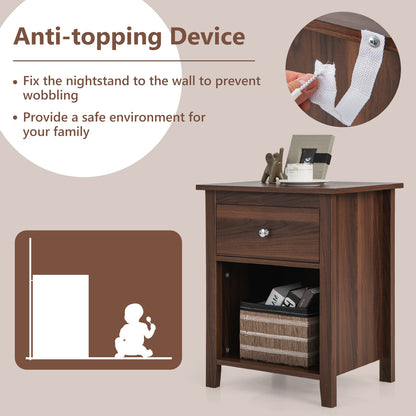 Wooden Nightstand with Slide-out Drawer and Open Shelf for Bedroom or Living Room - Walnut