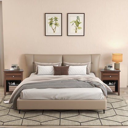 Wooden Nightstand with Slide-out Drawer and Open Shelf for Bedroom or Living Room - Walnut