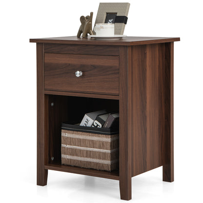 Wooden Nightstand with Slide-out Drawer and Open Shelf for Bedroom or Living Room - Walnut