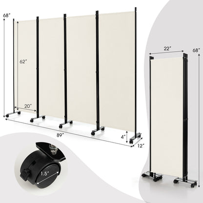 6 Foot 4-Panel Folding Room Divider with Lockable Rolling Wheels - White