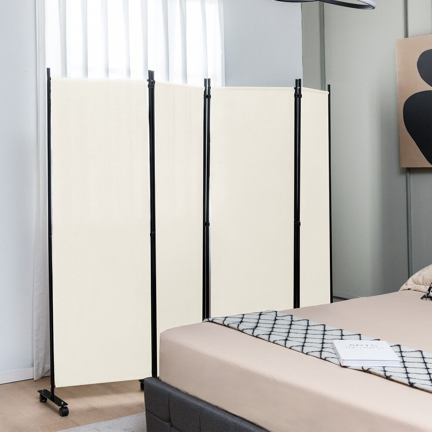 6 Foot 4-Panel Folding Room Divider with Lockable Rolling Wheels - White