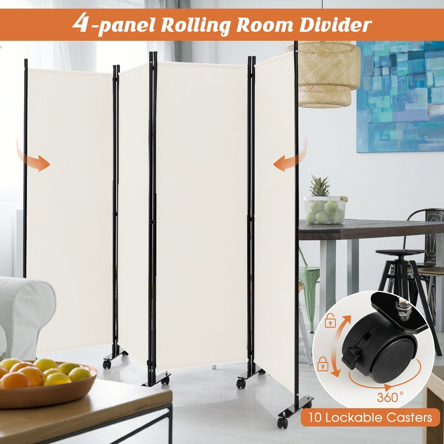 6 Foot 4-Panel Folding Room Divider with Lockable Rolling Wheels - White
