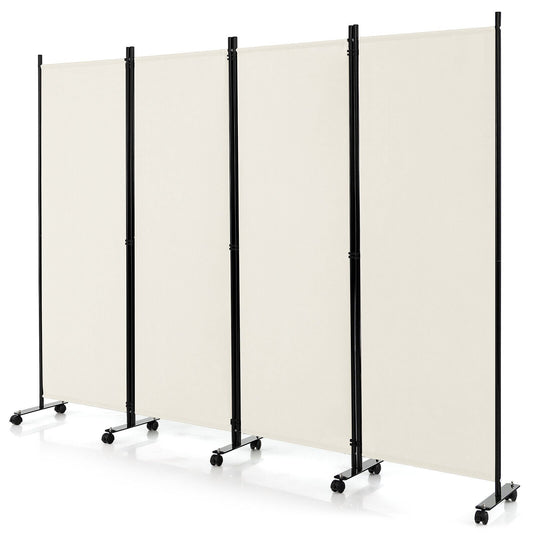 6 Foot 4-Panel Folding Room Divider with Lockable Rolling Wheels - White