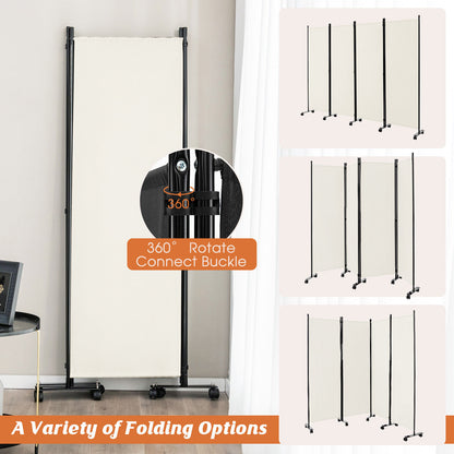6 Foot 4-Panel Folding Room Divider with Lockable Rolling Wheels - White