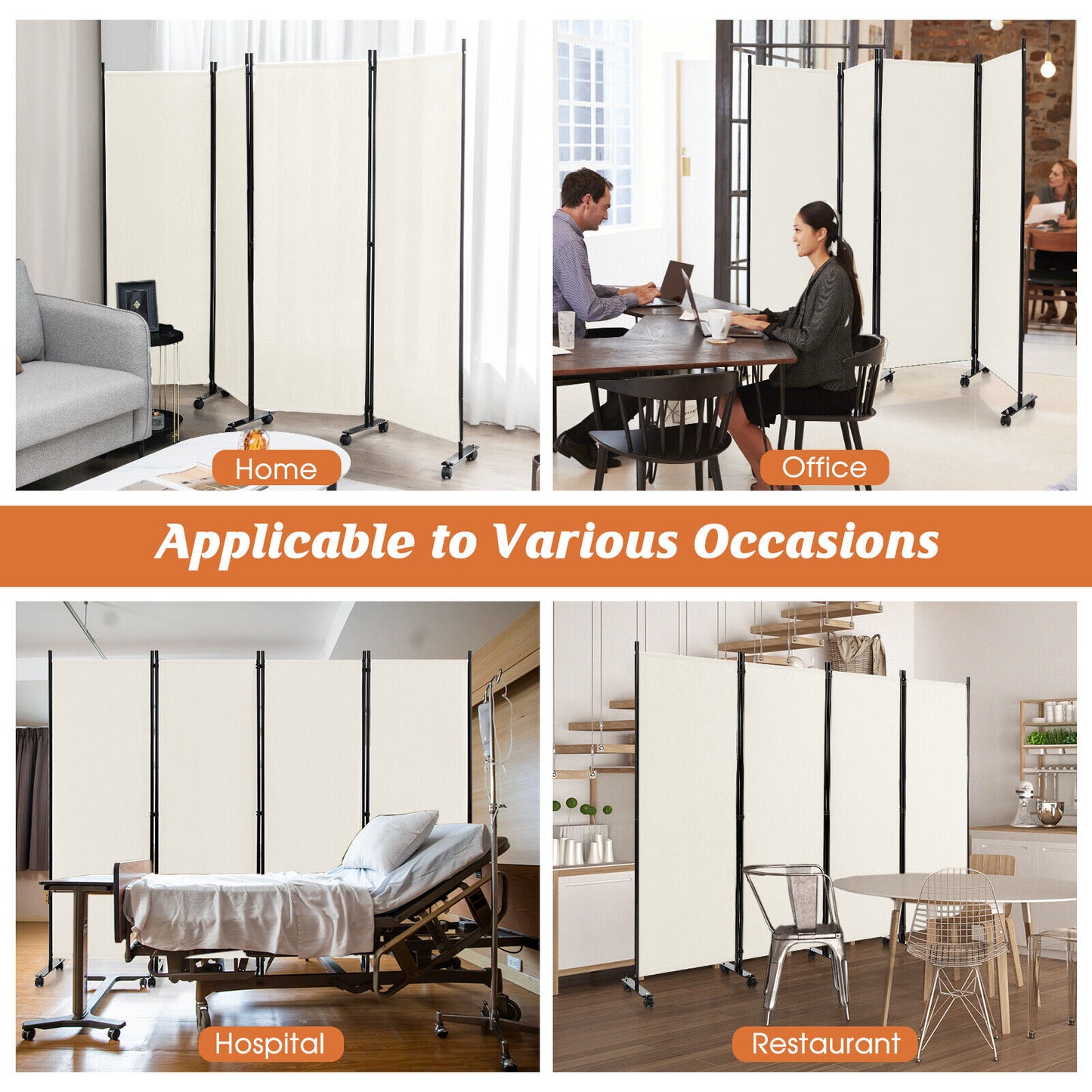 6 Foot 4-Panel Folding Room Divider with Lockable Rolling Wheels - White