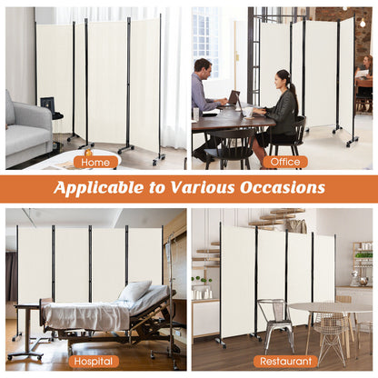 6 Foot 4-Panel Folding Room Divider with Lockable Rolling Wheels - White