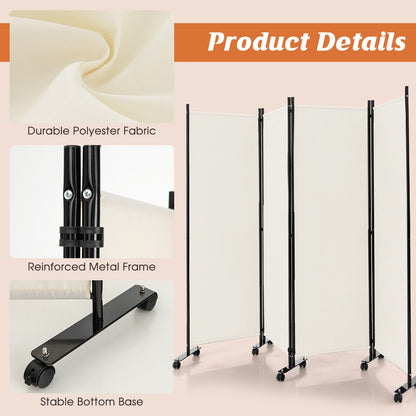 6 Foot 4-Panel Folding Room Divider with Lockable Rolling Wheels - White
