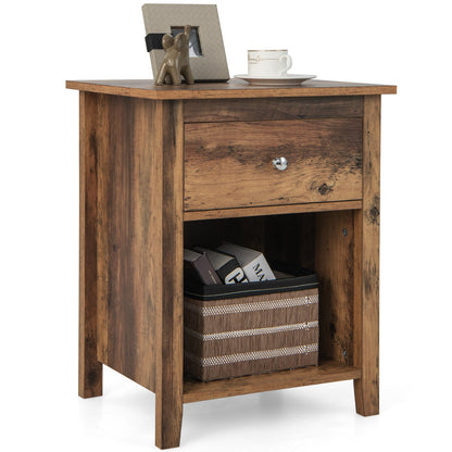 Wooden Nightstand with Slide-out Drawer and Open Shelf for Bedroom or Living Room - Rustic Brown