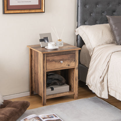 Wooden Nightstand with Slide-out Drawer and Open Shelf for Bedroom or Living Room - Rustic Brown