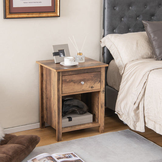 Wooden Nightstand with Slide-out Drawer and Open Shelf for Bedroom or Living Room - Rustic Brown
