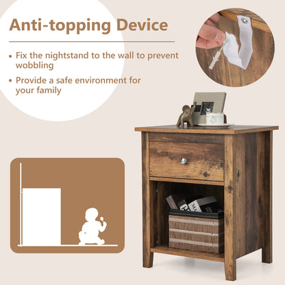 Wooden Nightstand with Slide-out Drawer and Open Shelf for Bedroom or Living Room - Rustic Brown