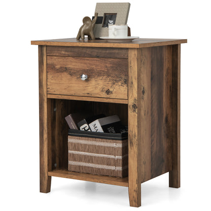 Wooden Nightstand with Slide-out Drawer and Open Shelf for Bedroom or Living Room - Rustic Brown