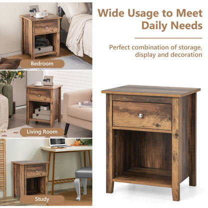 Wooden Nightstand with Slide-out Drawer and Open Shelf for Bedroom or Living Room - Rustic Brown