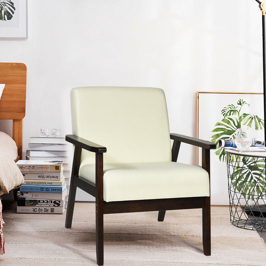 Mid-Century Style Accent Chair with Solid Wood Frame and Soft Fabric Seat, Beige