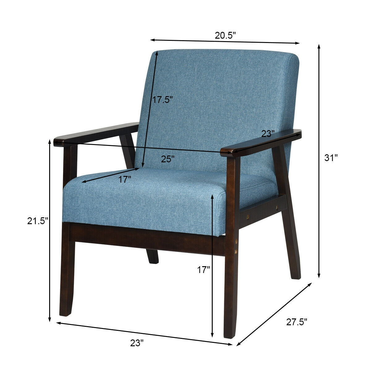 Mid-Century Style Accent Chair with Solid Wood Frame and Soft Fabric Seat, Blue