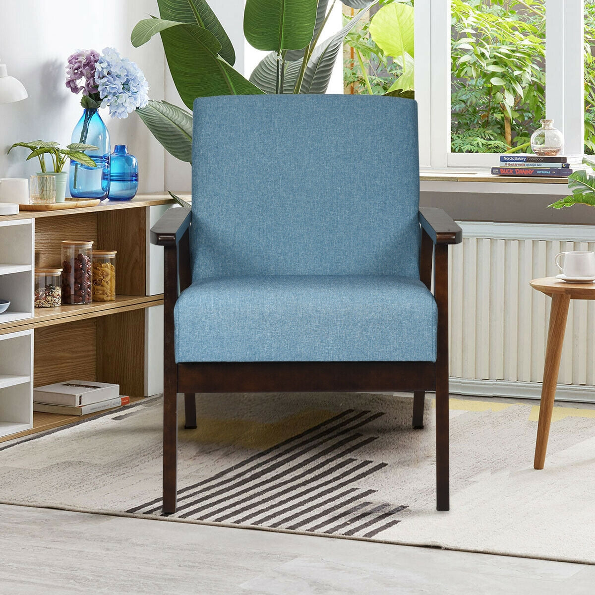 Mid-Century Style Accent Chair with Solid Wood Frame and Soft Fabric Seat, Blue