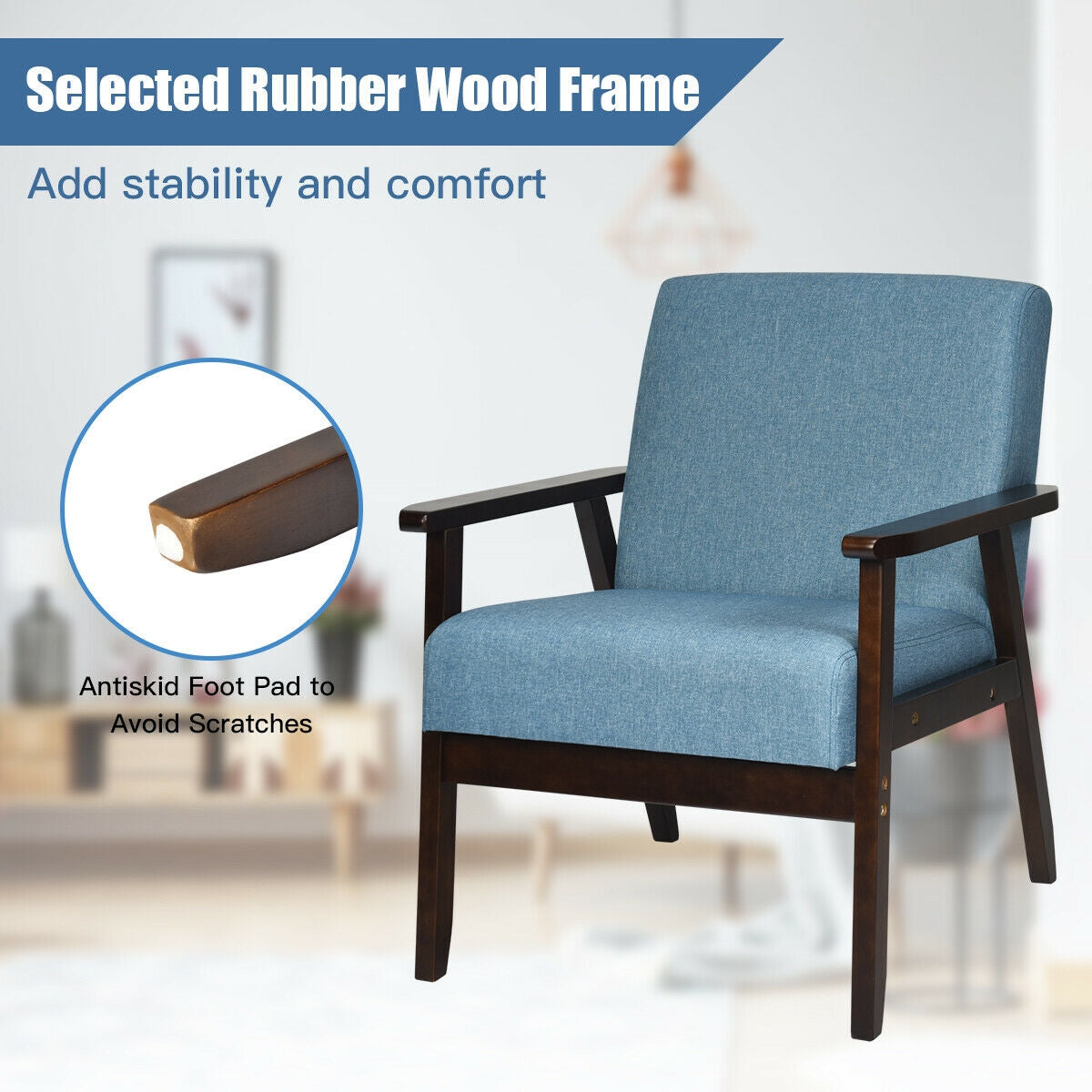 Mid-Century Style Accent Chair with Solid Wood Frame and Soft Fabric Seat, Blue