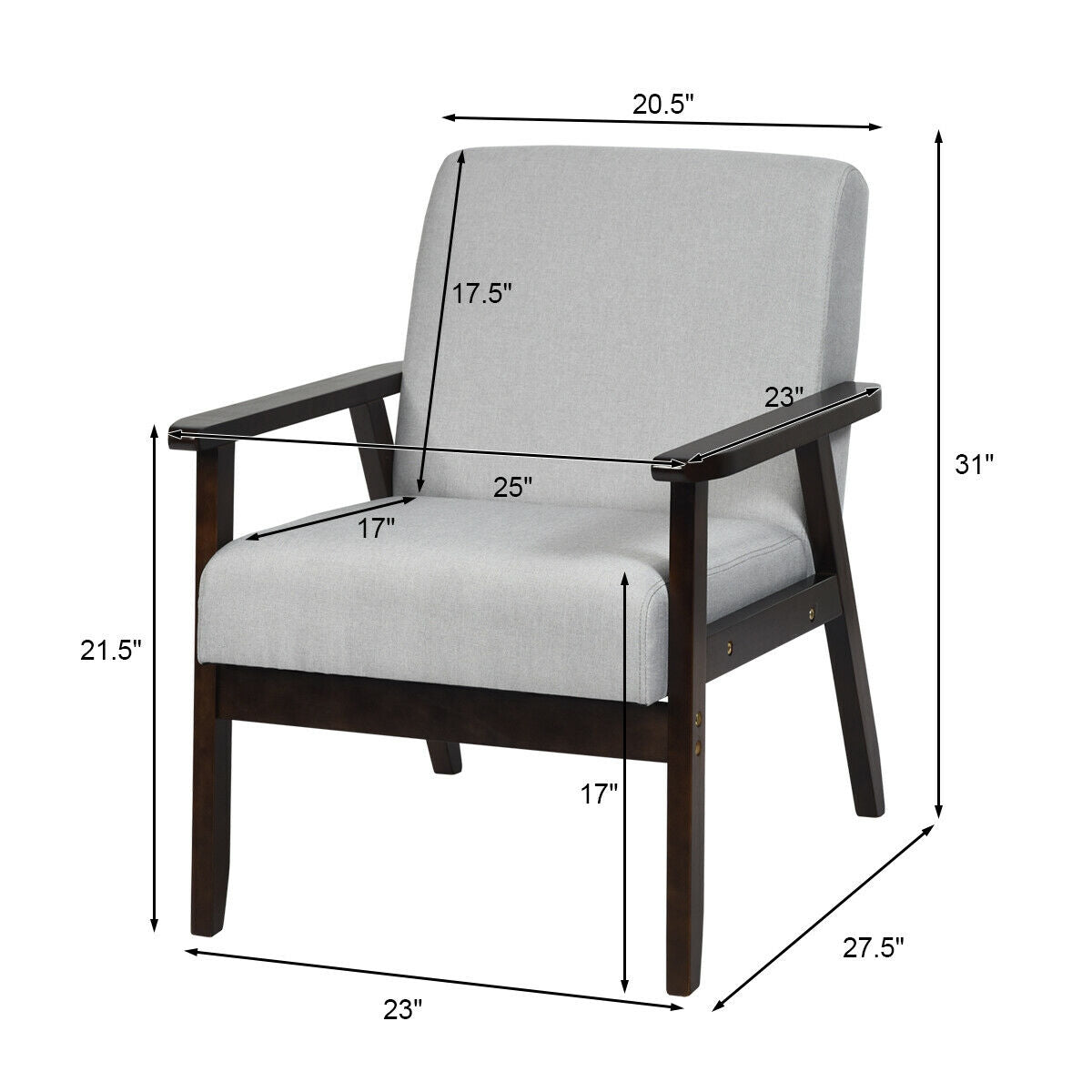 Mid-Century Style Accent Chair with Solid Wood Frame and Soft Fabric Seat, Light Grey
