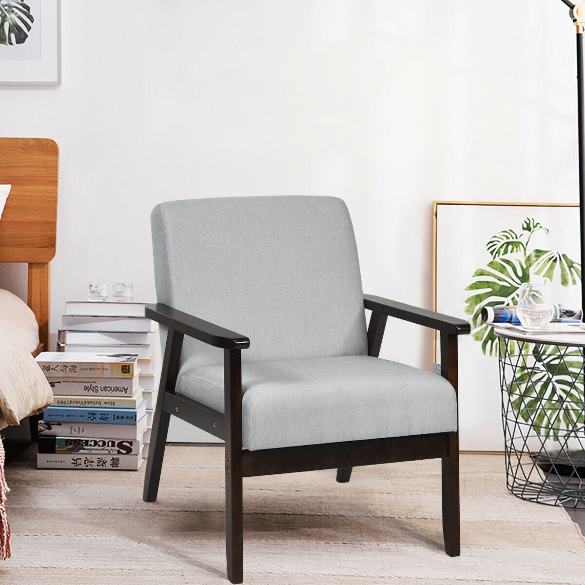 Mid-Century Style Accent Chair with Solid Wood Frame and Soft Fabric Seat, Light Grey