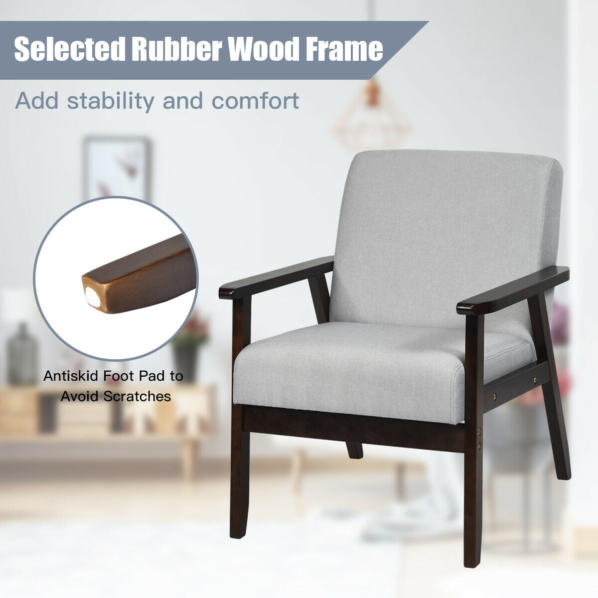 Mid-Century Style Accent Chair with Solid Wood Frame and Soft Fabric Seat, Light Grey