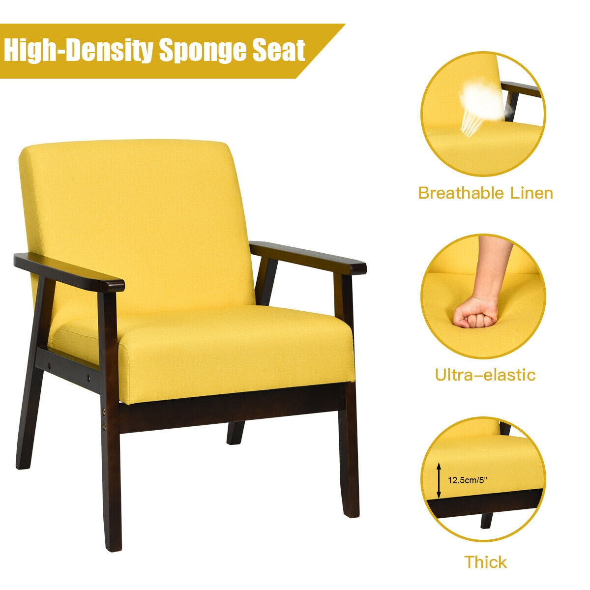 Mid-Century Style Accent Chair with Solid Wood Frame and Soft Fabric Seat, Yellow