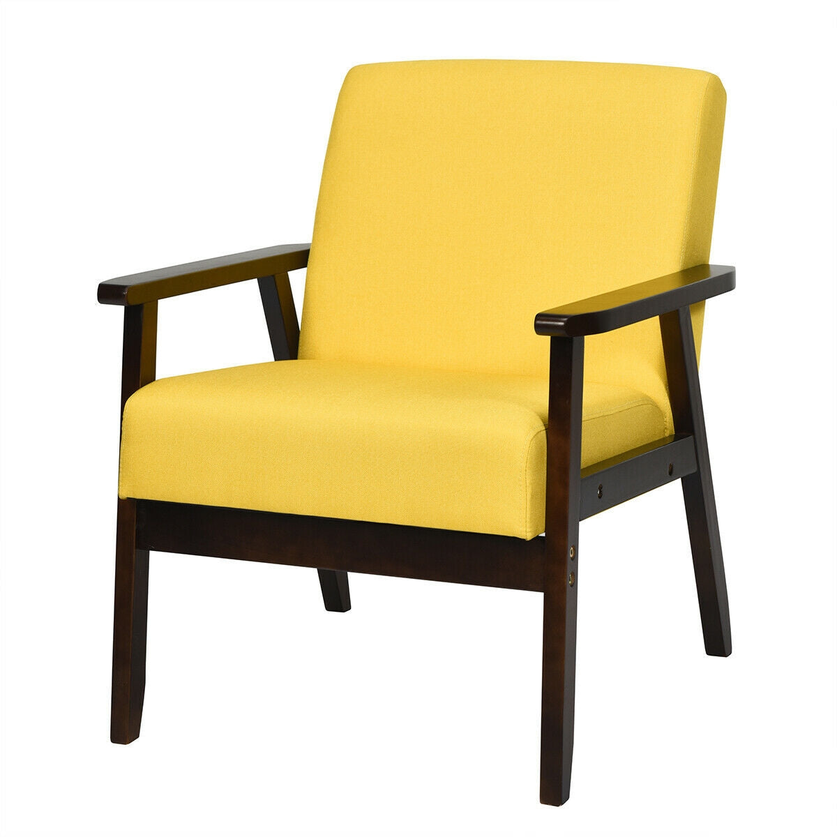 Mid-Century Style Accent Chair with Solid Wood Frame and Soft Fabric Seat, Yellow