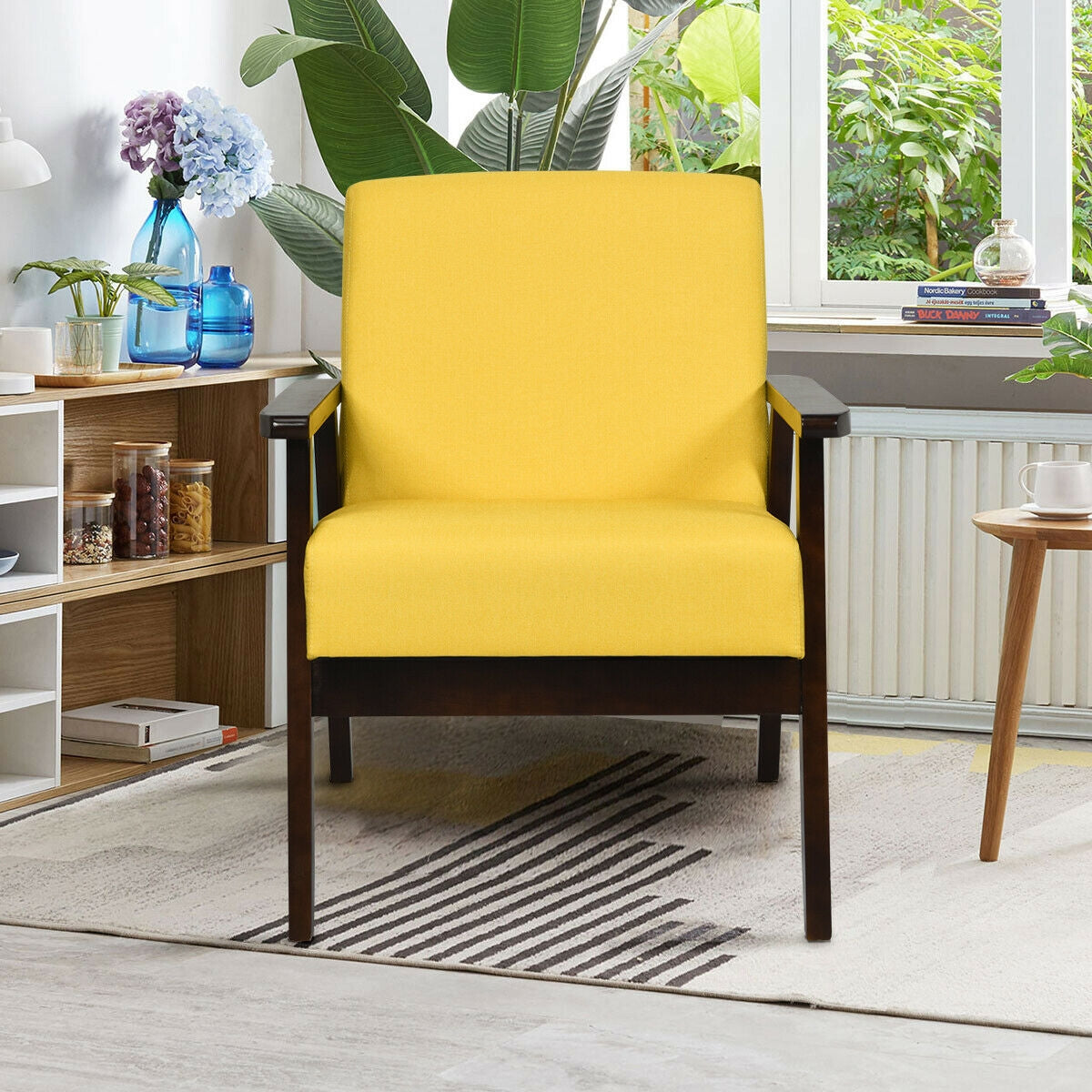 Mid-Century Style Accent Chair with Solid Wood Frame and Soft Fabric Seat, Yellow