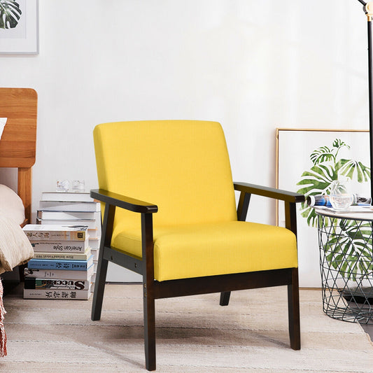 Mid-Century Style Accent Chair with Solid Wood Frame and Soft Fabric Seat, Yellow