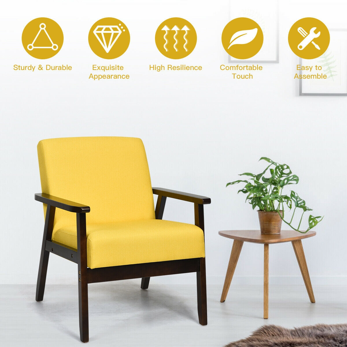 Mid-Century Style Accent Chair with Solid Wood Frame and Soft Fabric Seat, Yellow