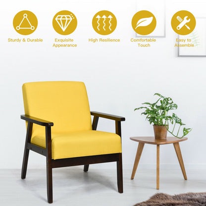 Mid-Century Style Accent Chair with Solid Wood Frame and Soft Fabric Seat, Yellow