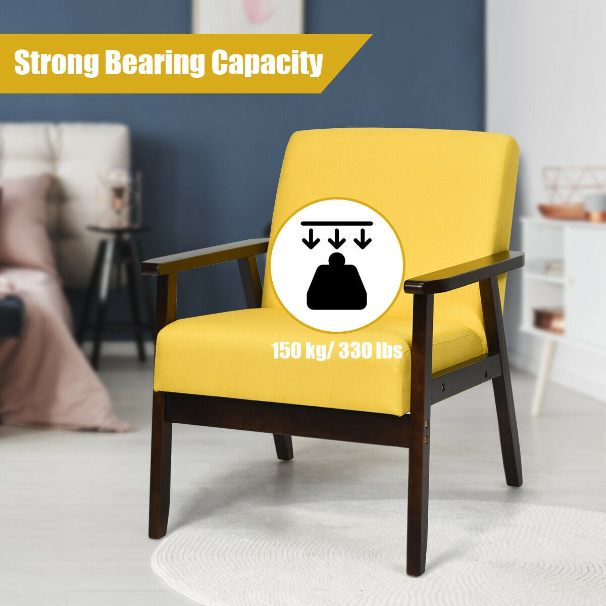 Mid-Century Style Accent Chair with Solid Wood Frame and Soft Fabric Seat, Yellow