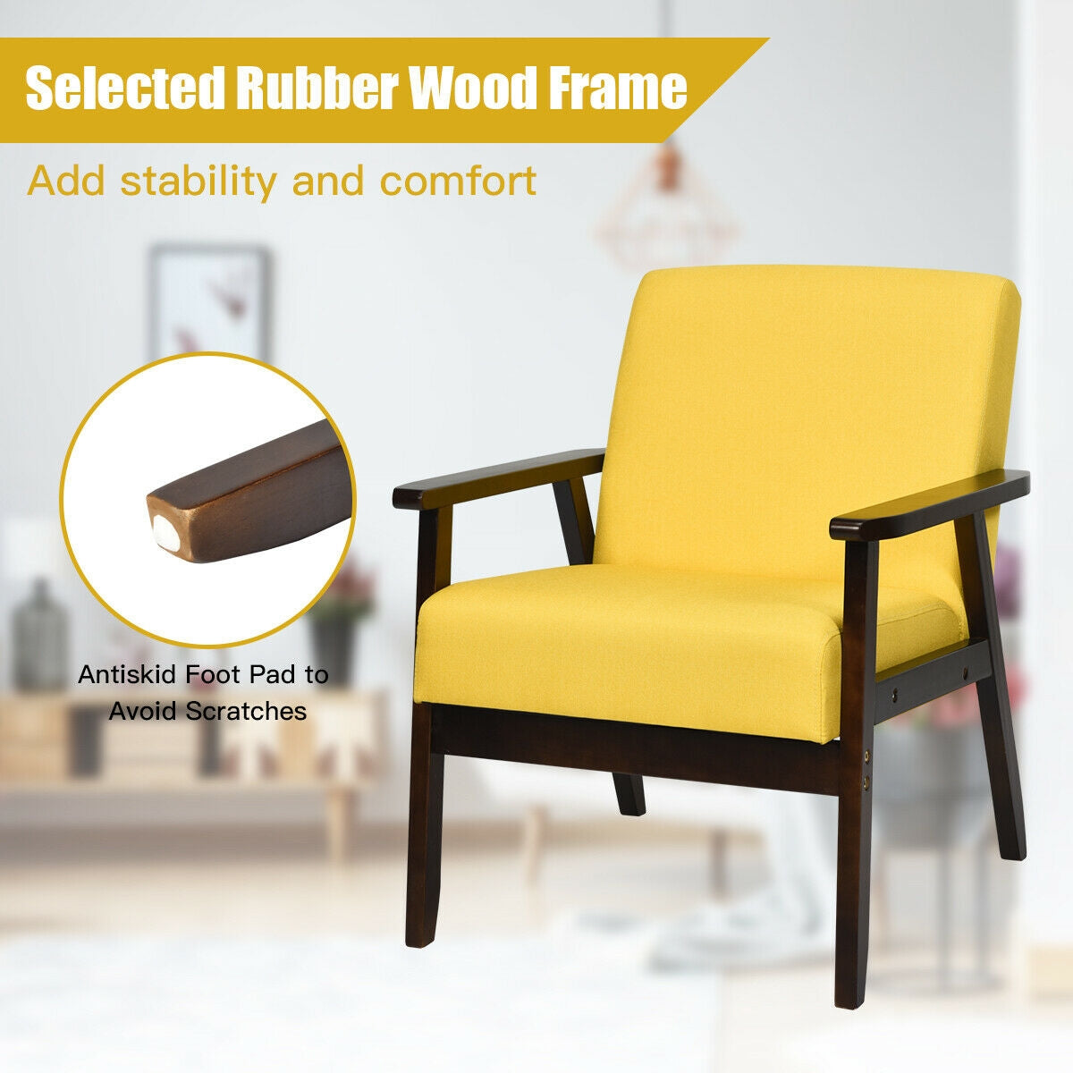 Mid-Century Style Accent Chair with Solid Wood Frame and Soft Fabric Seat, Yellow