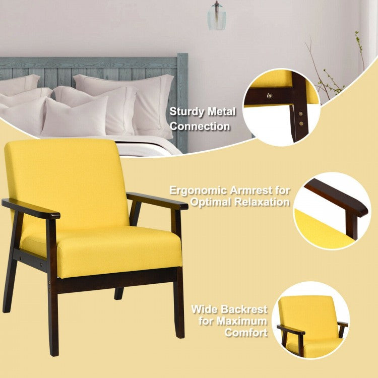 Mid-Century Style Accent Chair with Solid Wood Frame and Soft Fabric Seat, Yellow