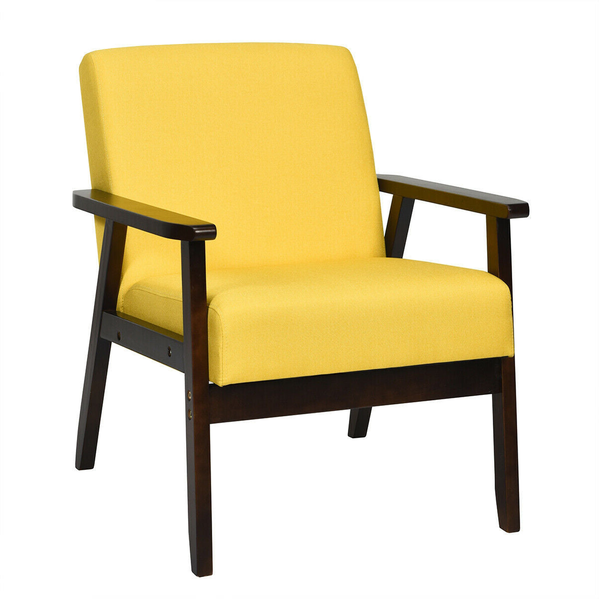 Mid-Century Style Accent Chair with Solid Wood Frame and Soft Fabric Seat, Yellow