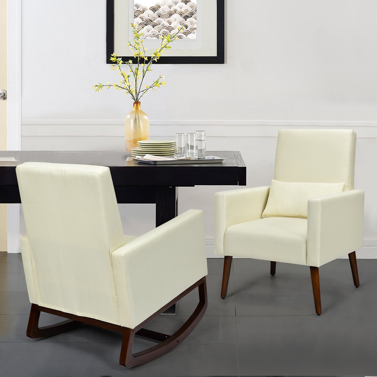 Convertible Rocking Chair and Accent Armchair with Cushion and Pillow in Beige