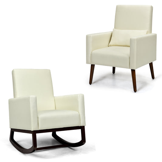 Convertible Rocking Chair and Accent Armchair with Cushion and Pillow in Beige