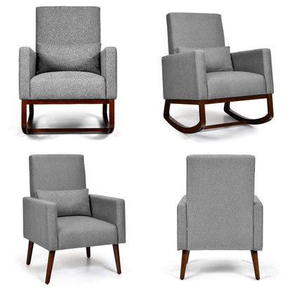 Convertible Rocking Chair and Accent Armchair with Cushion and Pillow in Grey