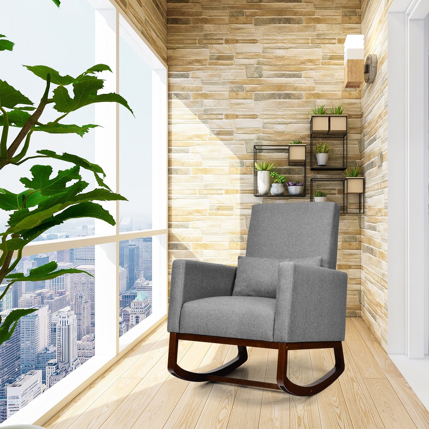 Convertible Rocking Chair and Accent Armchair with Cushion and Pillow in Grey