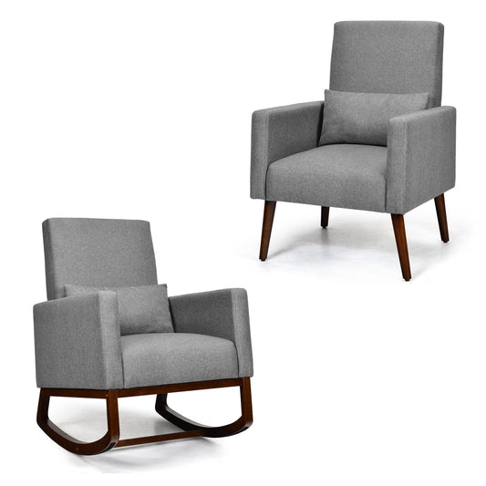 Convertible Rocking Chair and Accent Armchair with Cushion and Pillow in Grey